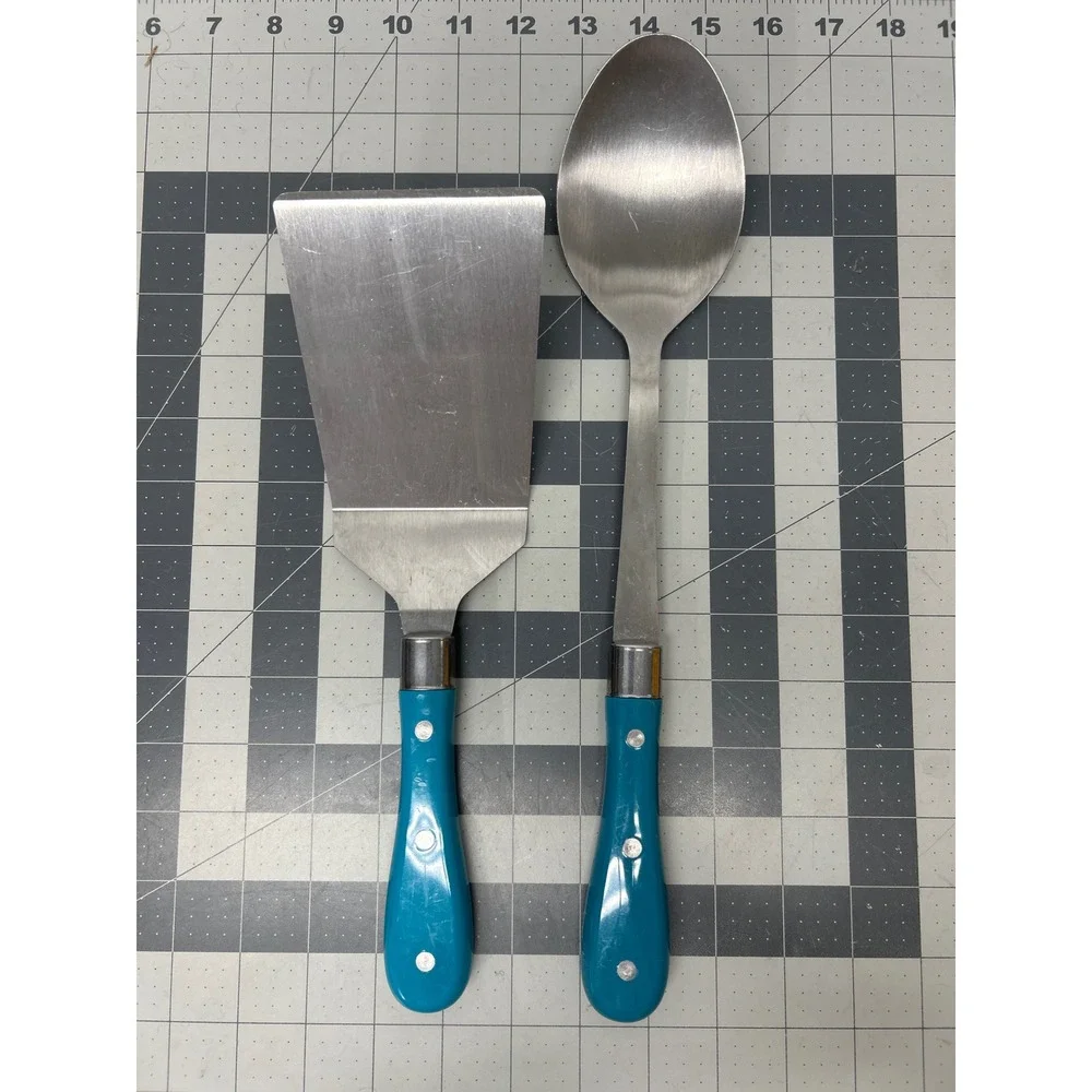 The Pioneer Woman Flat Spatula Serving Spoon Set Teal Blue Stainless Steel 2pc